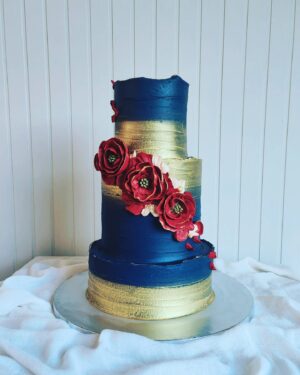 Three Tier Gold Royal Blue Wedding Cake