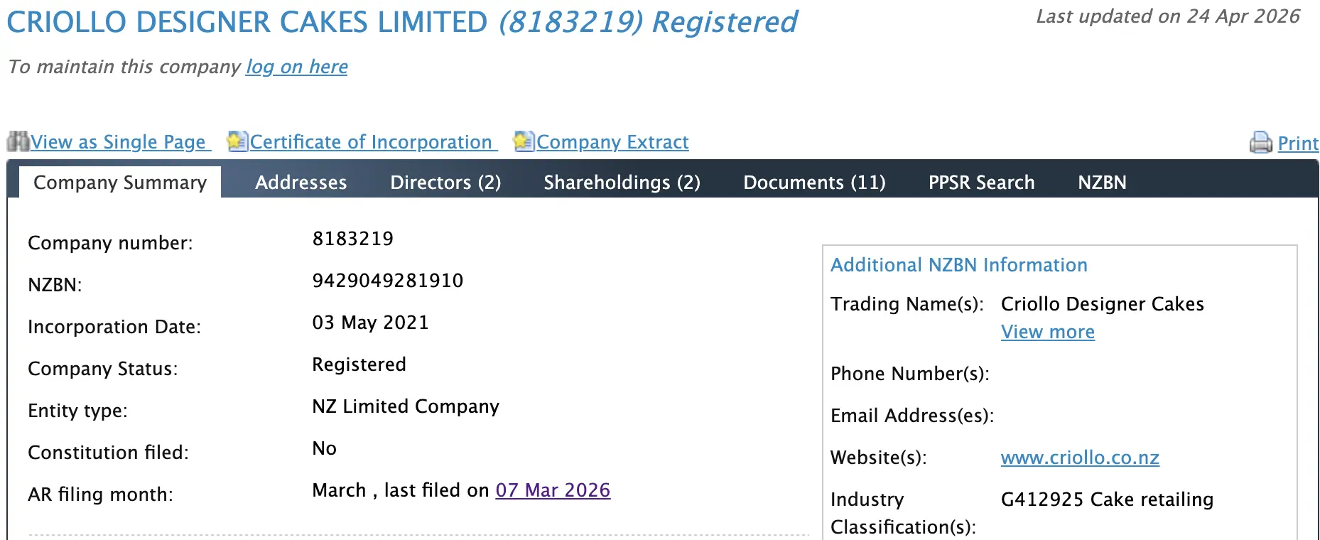 NZ Companies Office record showing Criollo Designer Cakes Limited as a registered Dunedin cake retailing company.