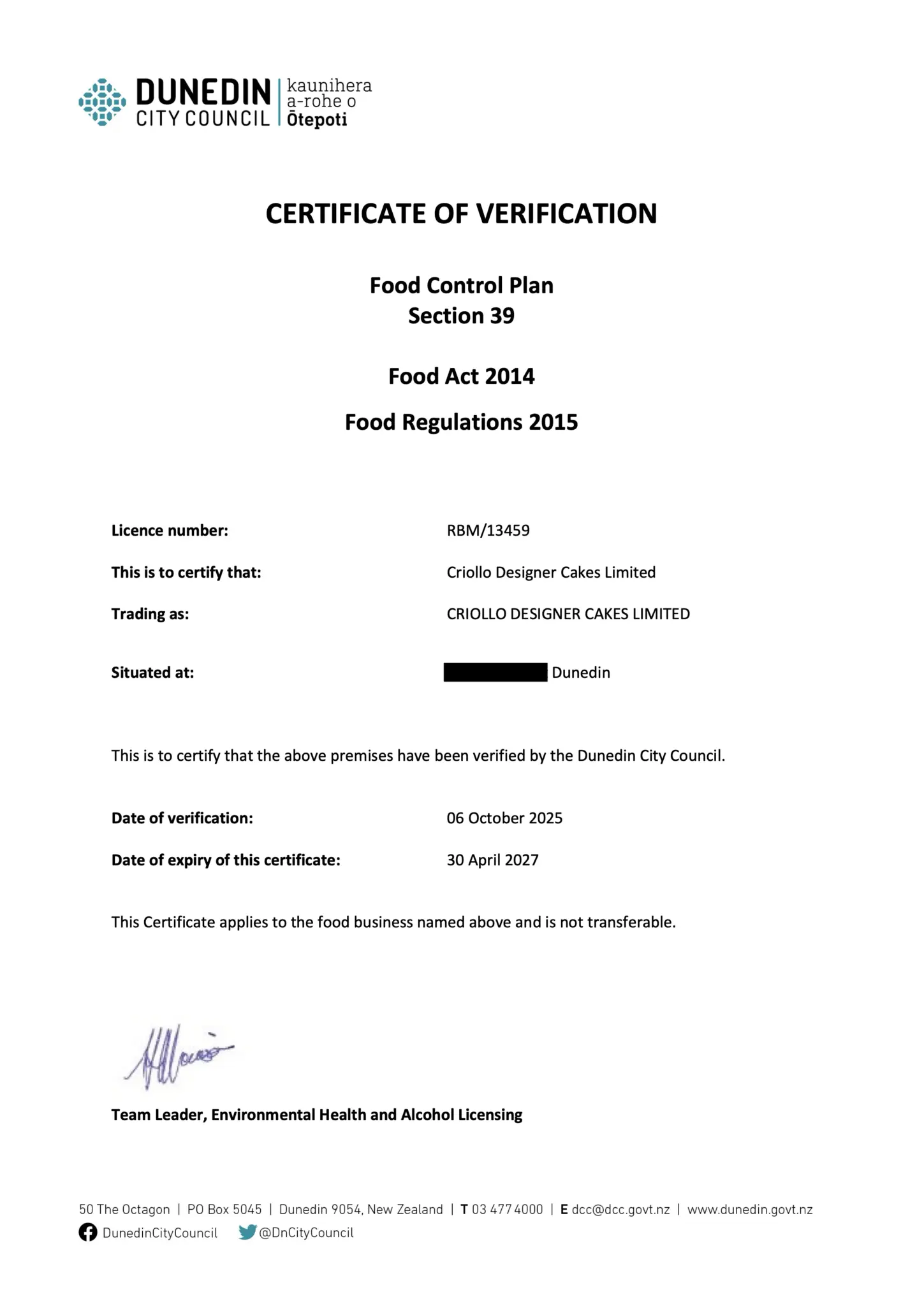 Dunedin City Council food verification certificate for Criollo Designer Cakes Limited under the Food Act 2014.
