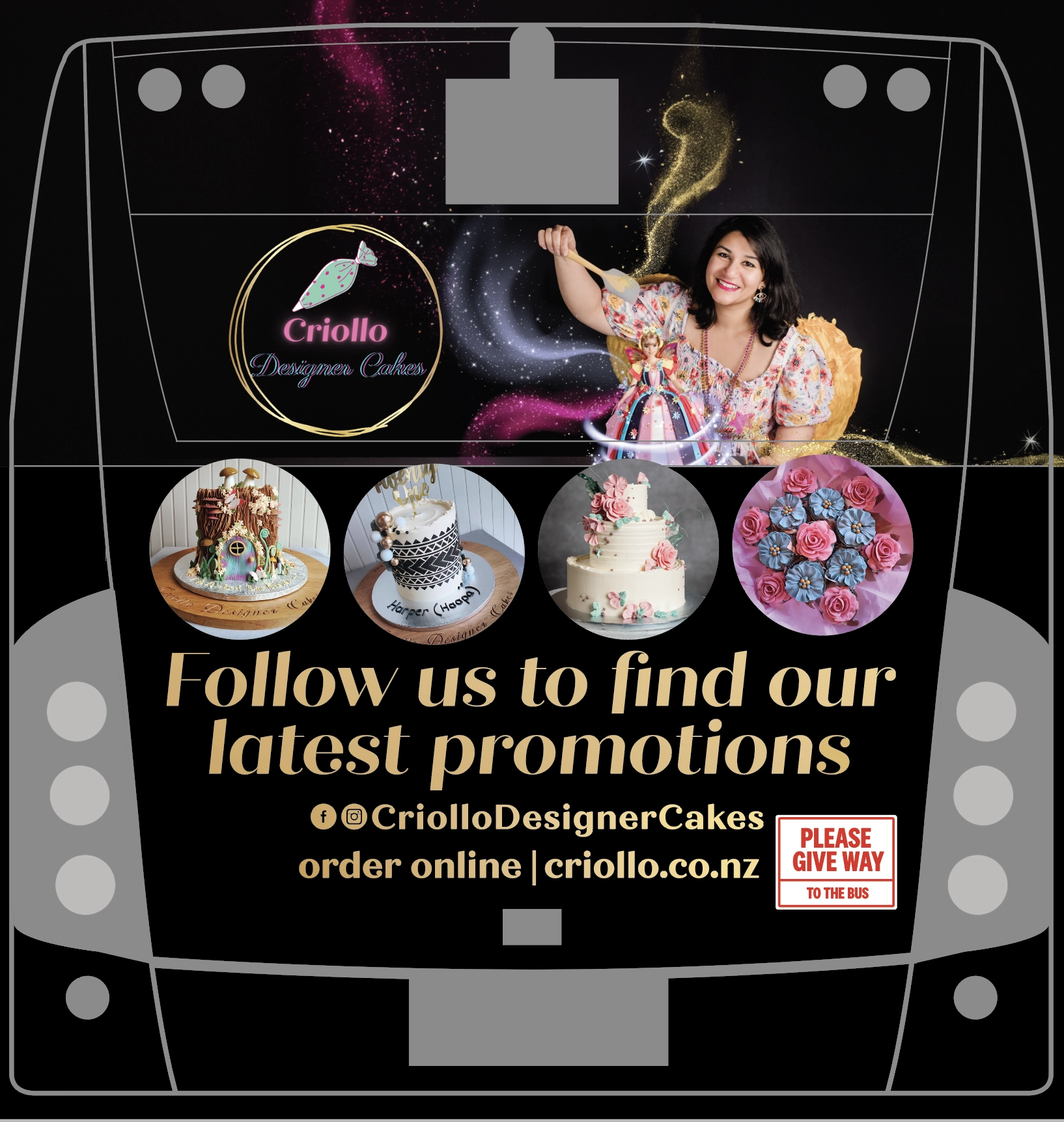 Criollo Designer Cakes Dunedin cake gift delivery advertisement on a bus
