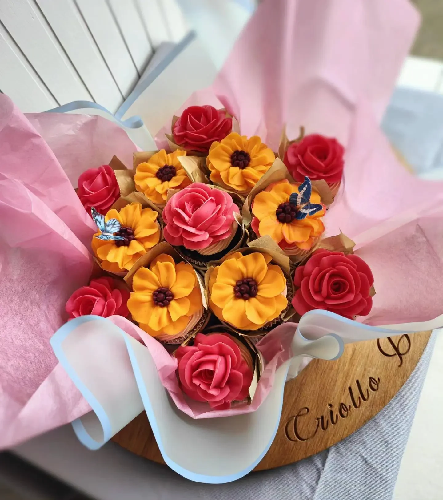 Bright floral cupcake bouquet in Dunedin by Criollo Designer Cakes and The Cake Lady Dunedin