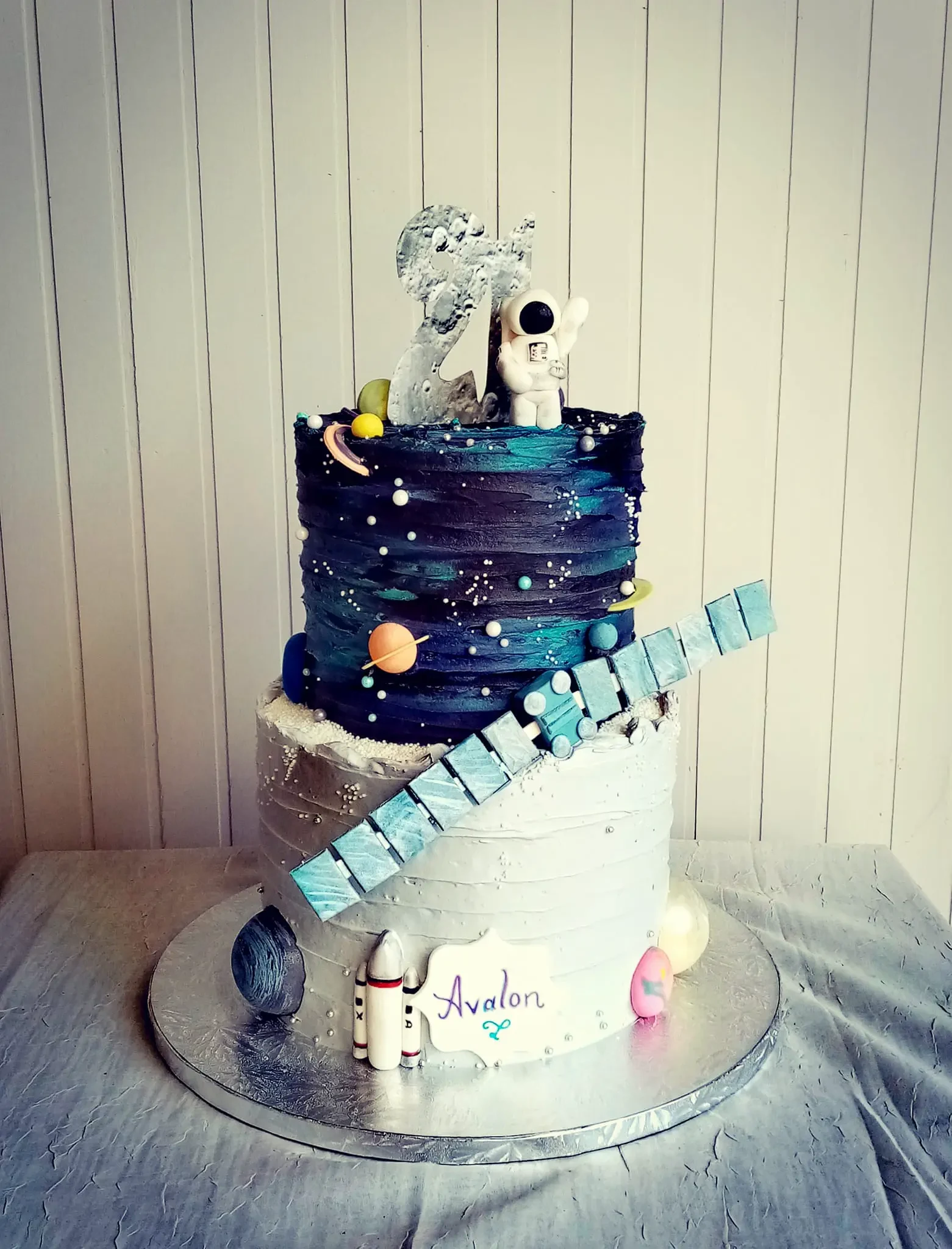 Space theme birthday cake in Dunedin by The Cake Lady Dunedin and Criollo Designer Cakes