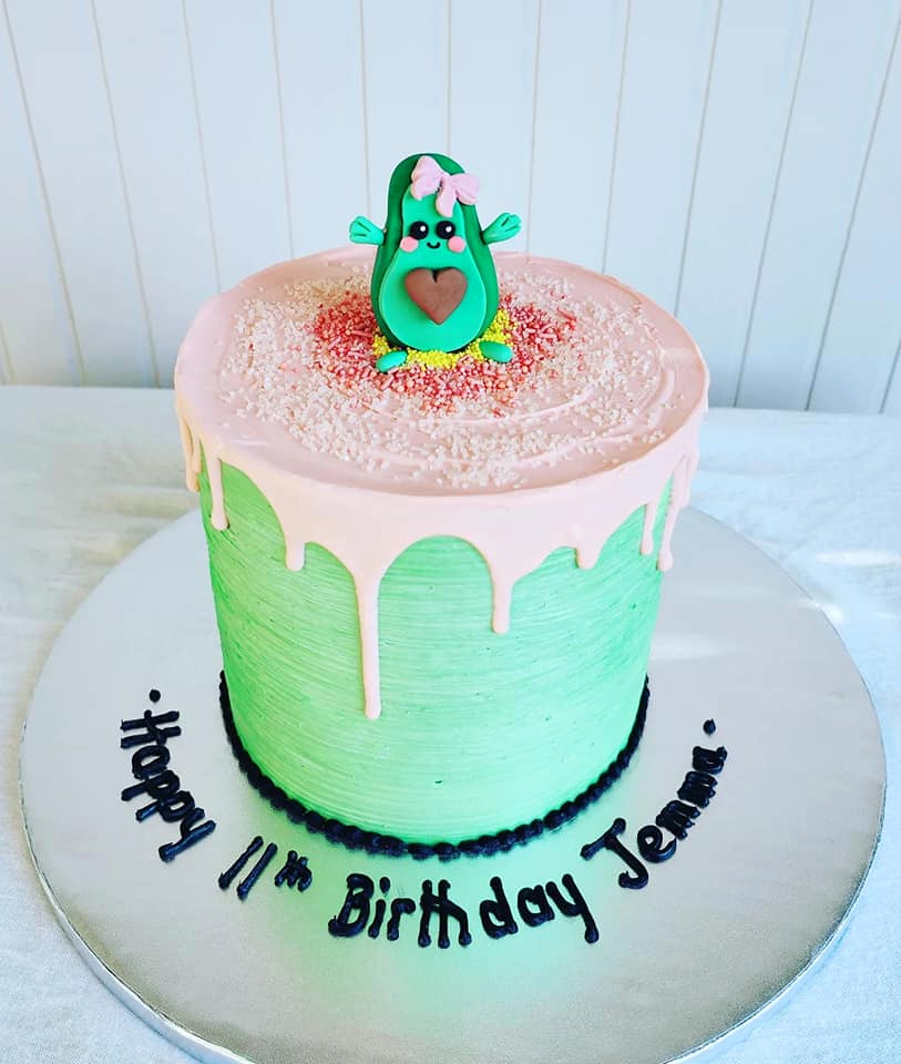 Avocado Eleventh Birthday Cake Pink Green