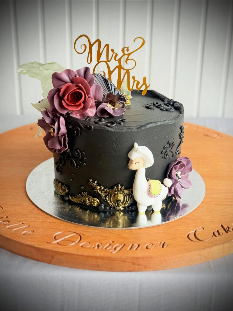 Black and Purple Rose Whimsical Wedding Cake by Criollo Designer Cakes in Dunedin, Otago