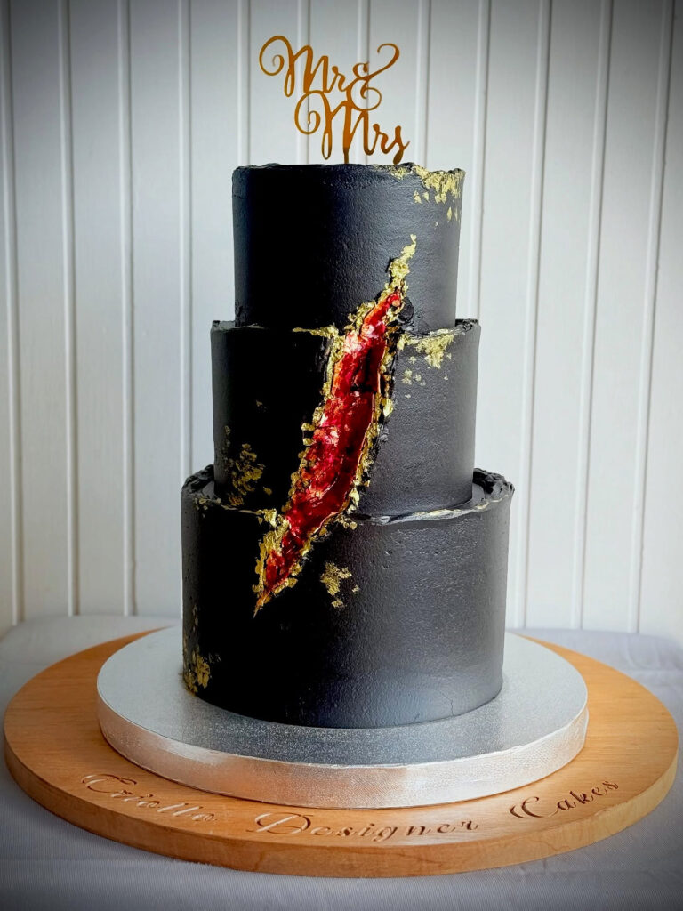 Black Red and Gold Fault-Line Wedding Cake Front View by Criollo Designer Cakes in Dunedin, Otago