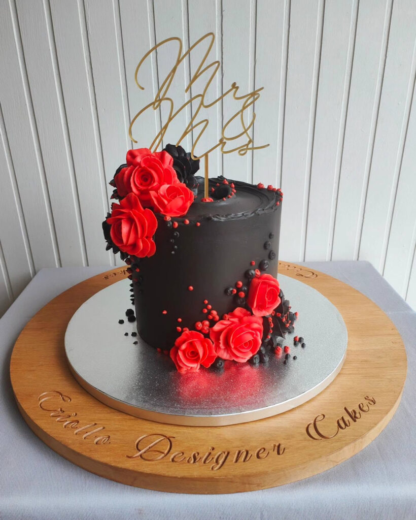 Black and Red Rose Single-Tier Wedding Cake by Criollo Designer Cakes in Dunedin, Otago