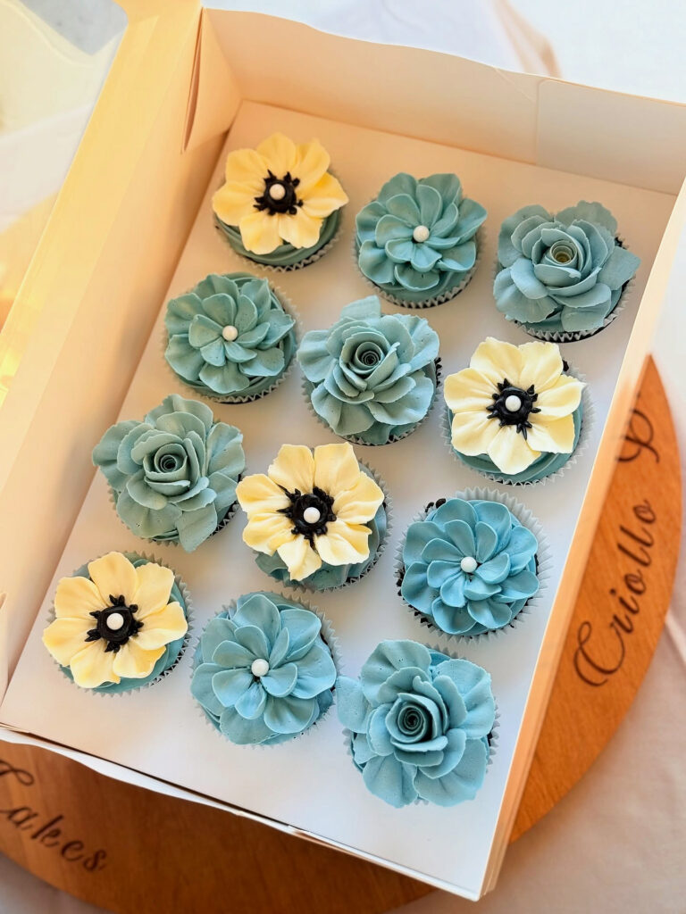 Blue and Cream Buttercream Flower Cupcake Box by Criollo Designer Cakes in Dunedin, Otago
