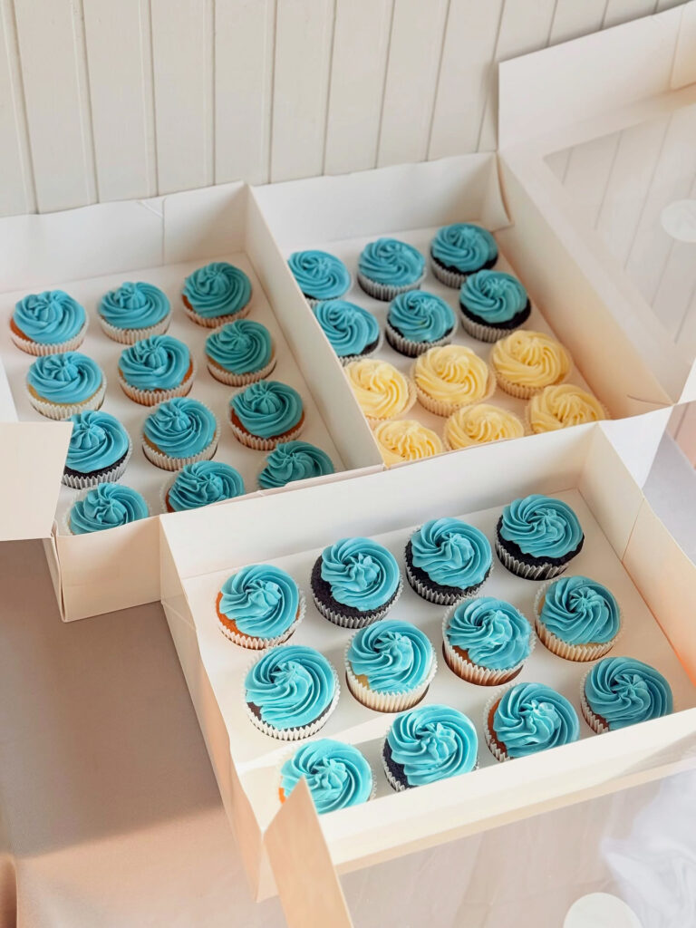 Blue and Cream Swirl Cupcake Catering Boxes by Criollo Designer Cakes in Dunedin, Otago