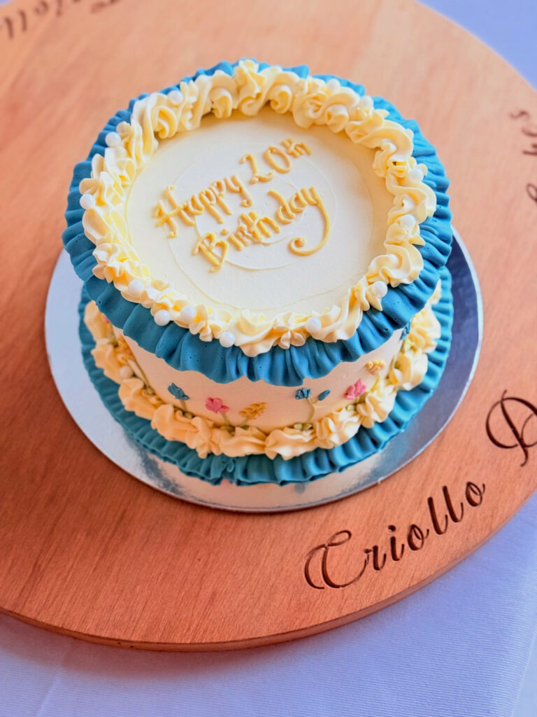 Blue Ivory Vintage Birthday Cake Round Top View