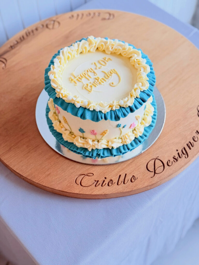Blue Ivory Vintage Birthday Cake Ruffle Piping Top View
