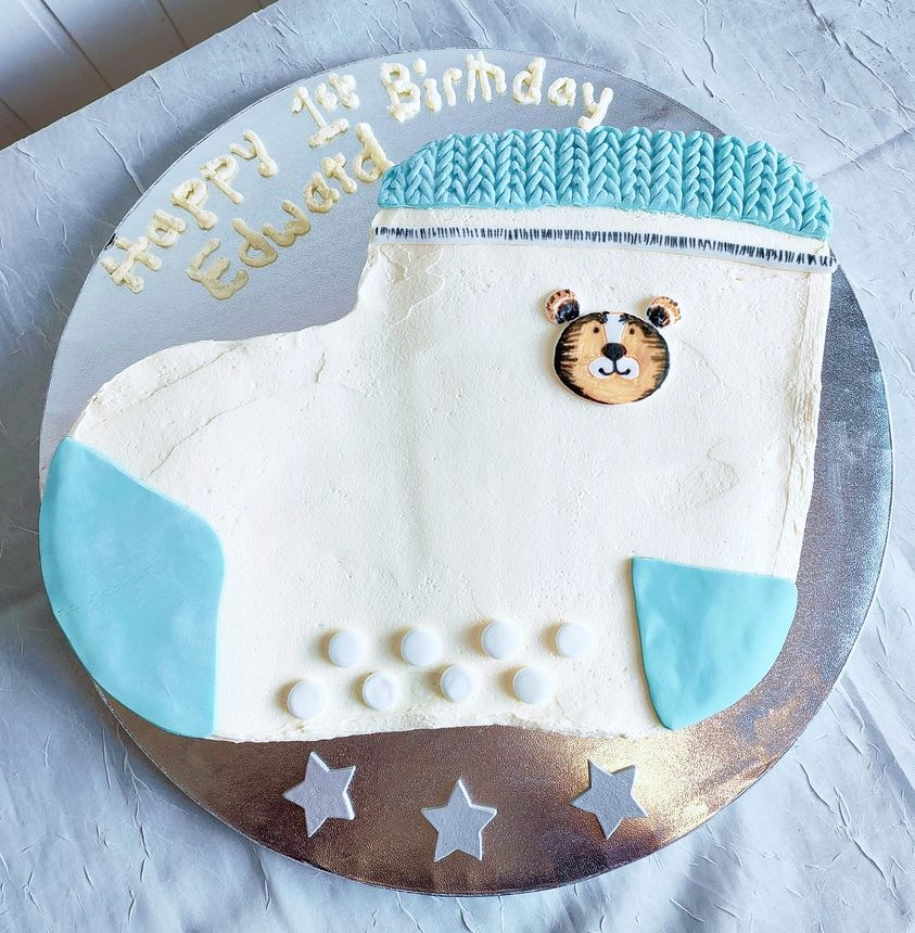 Blue Sock Shaped Seventieth Birthday Cake