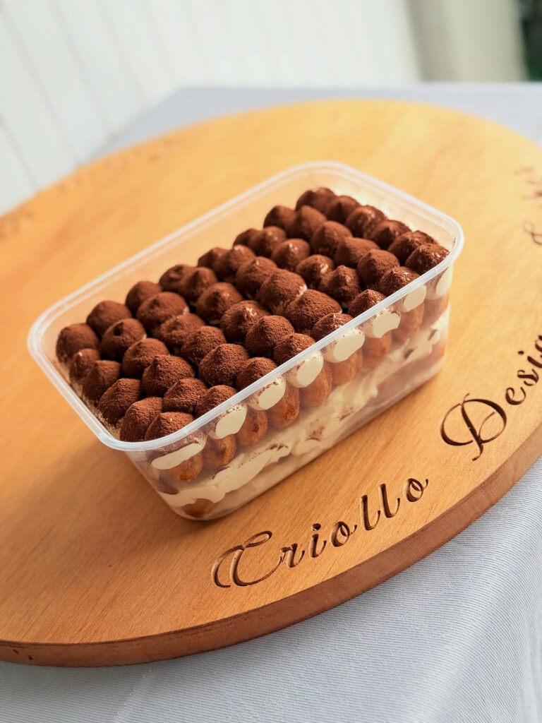 Classic Cocoa Tiramisu Dessert Tub Front View by Criollo Designer Cakes in Dunedin, Otago