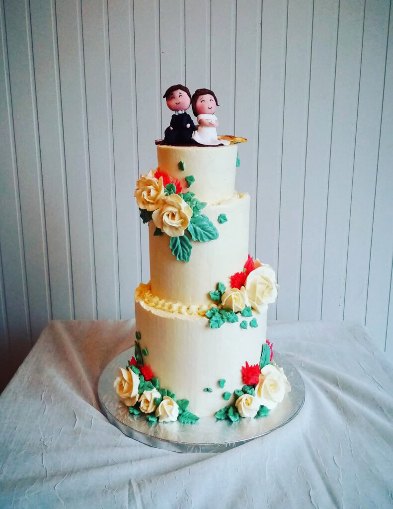 Colourful Floral Bride-and-Groom Three-Tier Wedding Cake by Criollo Designer Cakes in Dunedin, Otago