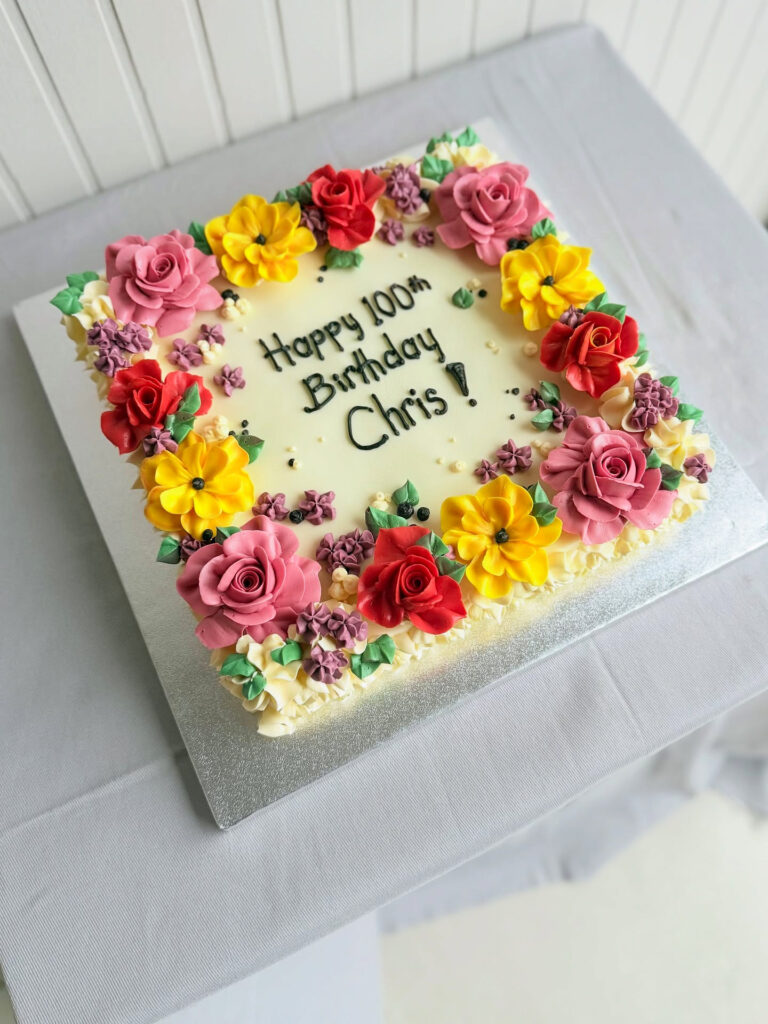 Colourful Floral One Hundredth Birthday Sheet Cake Top View