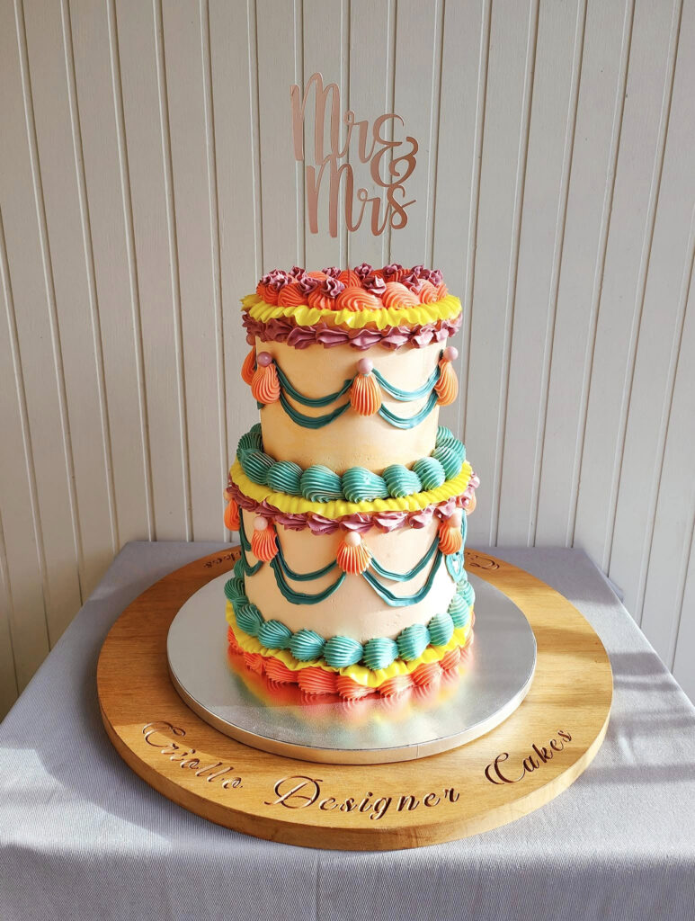 Colourful Vintage-Piped Two-Tier Wedding Cake by Criollo Designer Cakes in Dunedin, Otago