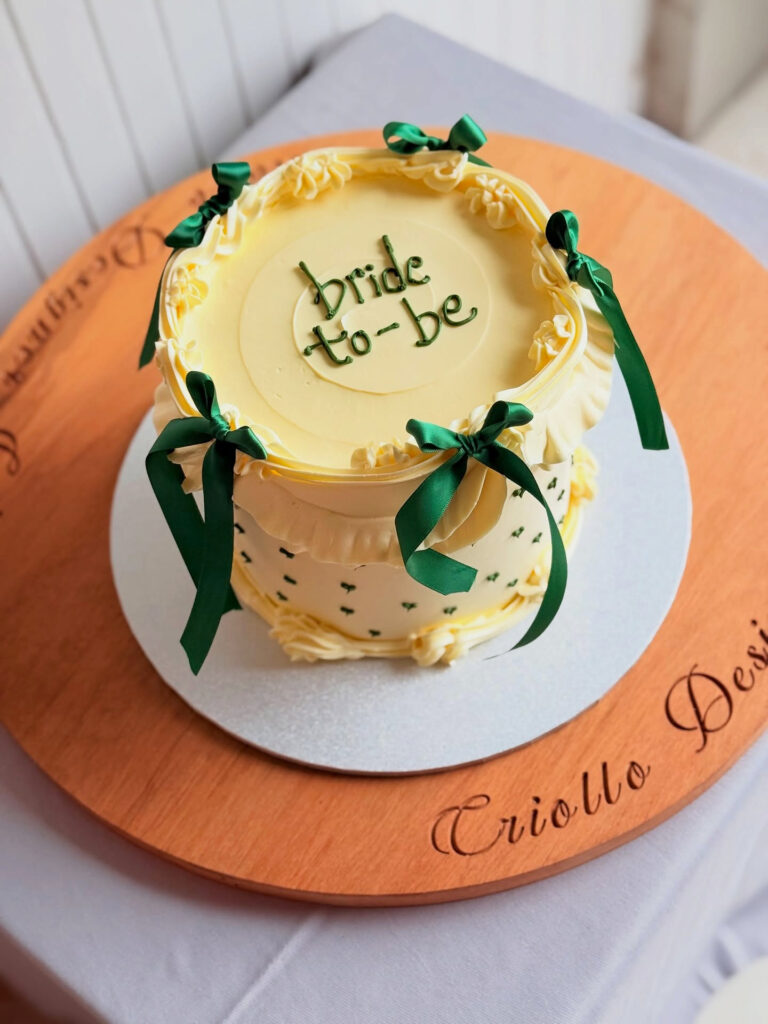 Cream Bride-to-Be Ribbon Celebration Cake by Criollo Designer Cakes in Dunedin, Otago