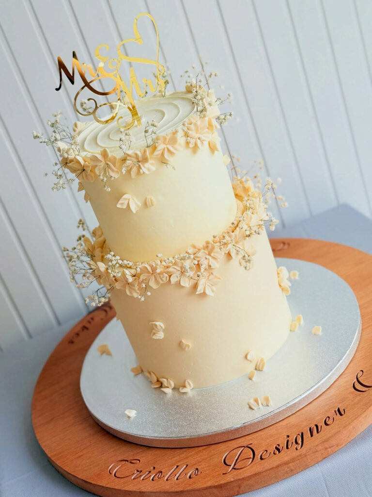 Ivory and Gold Abstract Two-Tier Wedding Cake by Criollo Designer Cakes in Dunedin, Otago