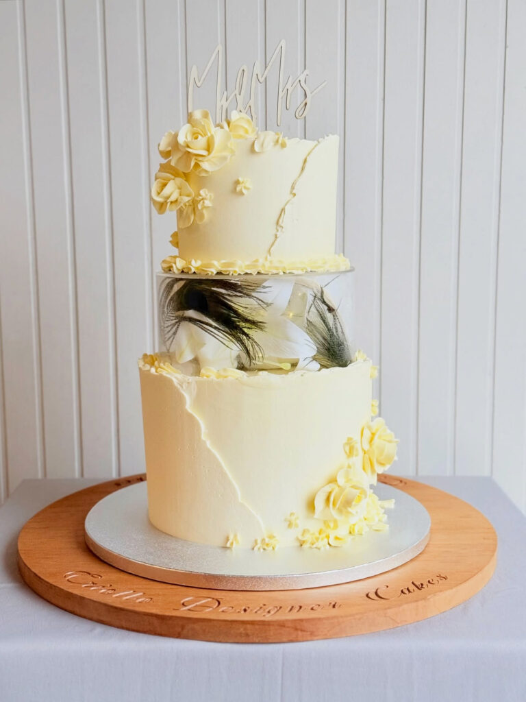 Ivory and Grey Marble Three-Tier Wedding Cake Angled View by Criollo Designer Cakes in Dunedin, Otago