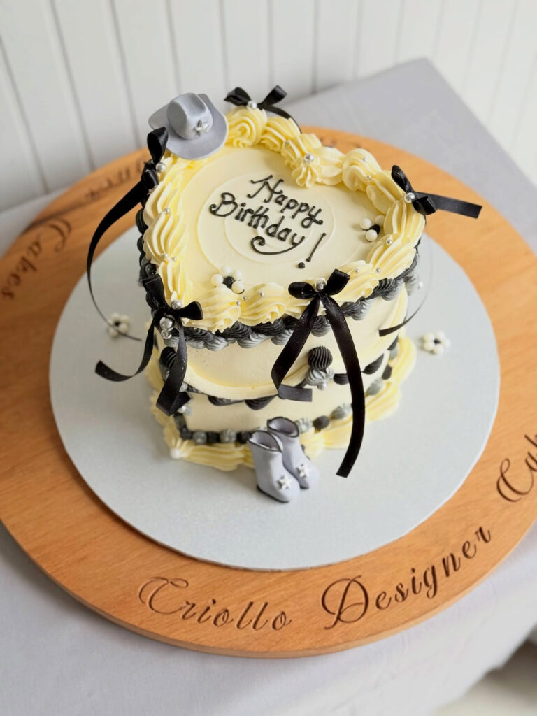 Ivory Vintage Birthday Cake Black Bows Side View