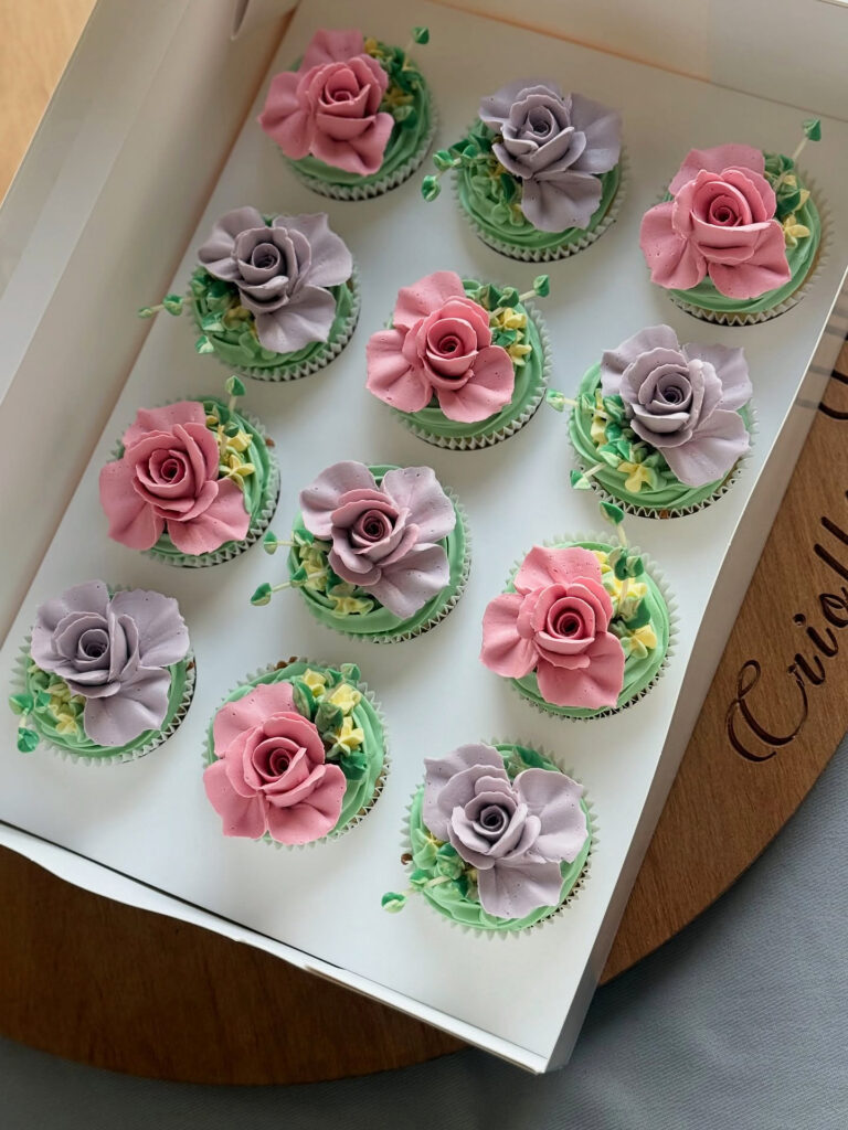 Large Pink and Mauve Buttercream Flower Cupcake Box by Criollo Designer Cakes in Dunedin, Otago