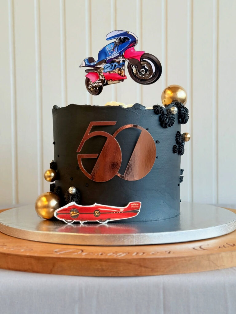 Motorbike Fiftieth Birthday Cake Black Gold Cars