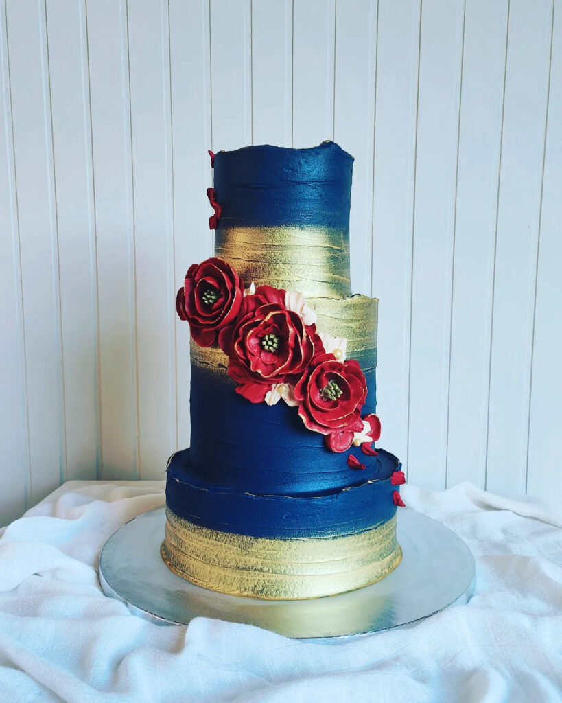 Navy Gold and Burgundy Rose Two-Tier Wedding Cake by Criollo Designer Cakes in Dunedin, Otago