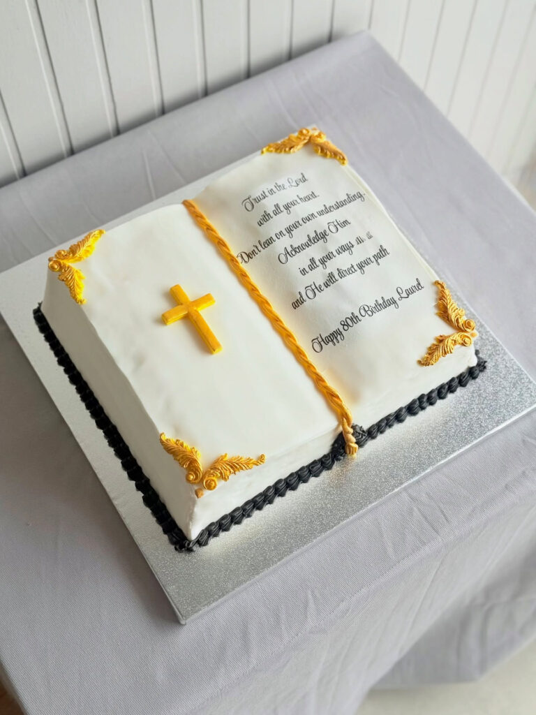 Open Bible Celebration Cake White Gold Cross