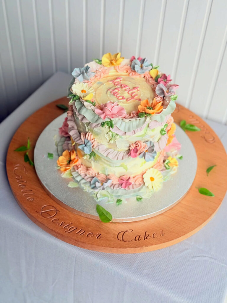 Pastel Floral Vintage Birthday Cake Tall Ruffle Piping