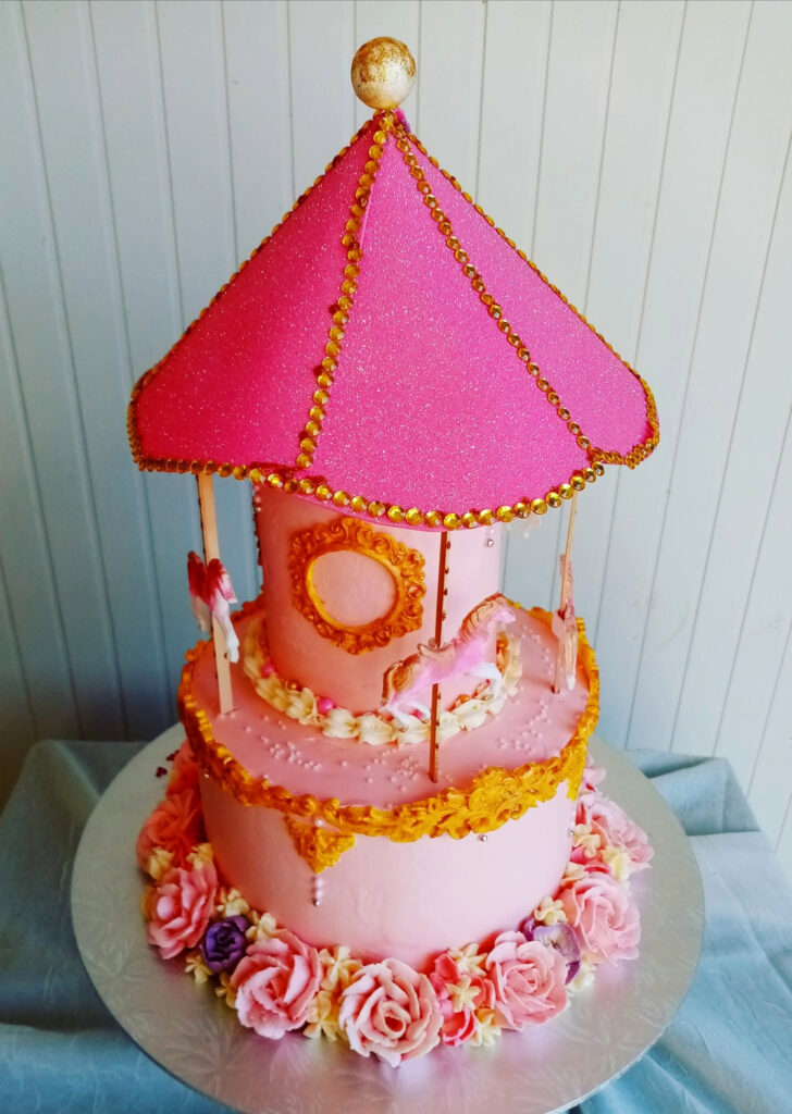 Pink Carousel Shaped Birthday Cake Horses