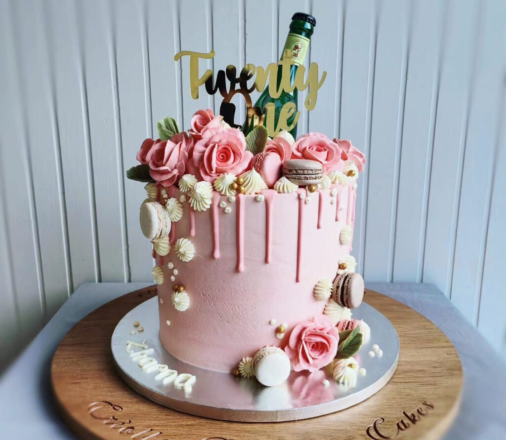 Pink Champagne and Macaron Twenty-First Birthday Cake by Criollo Designer Cakes in Dunedin, Otago
