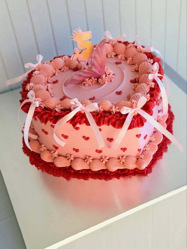 Pink Heart Lambeth Birthday Cake Red Piping Bows