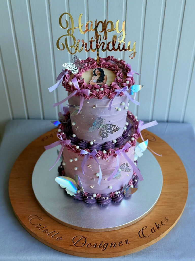 Purple Two Tier Vintage Birthday Cake Ruffles Flowers