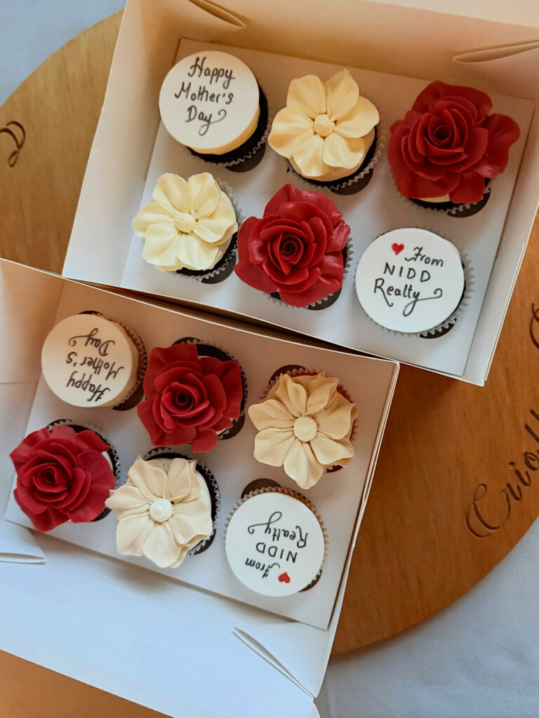 Red and Cream Retirement Message Cupcake Boxes by Criollo Designer Cakes in Dunedin, Otago