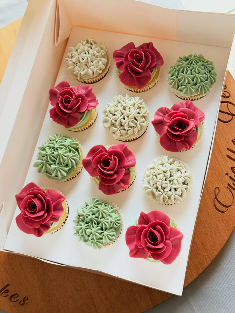 Red Sage and Cream Flower Cupcake Box by Criollo Designer Cakes in Dunedin, Otago