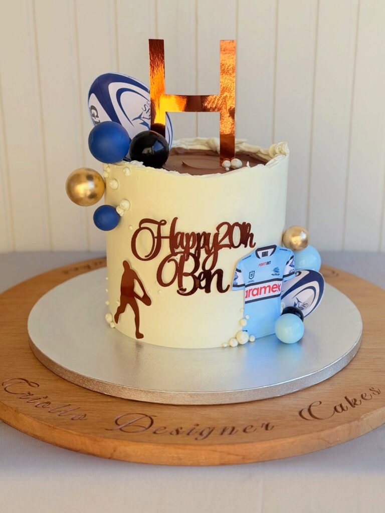 Rugby Fortieth Birthday Cake White Blue Balls