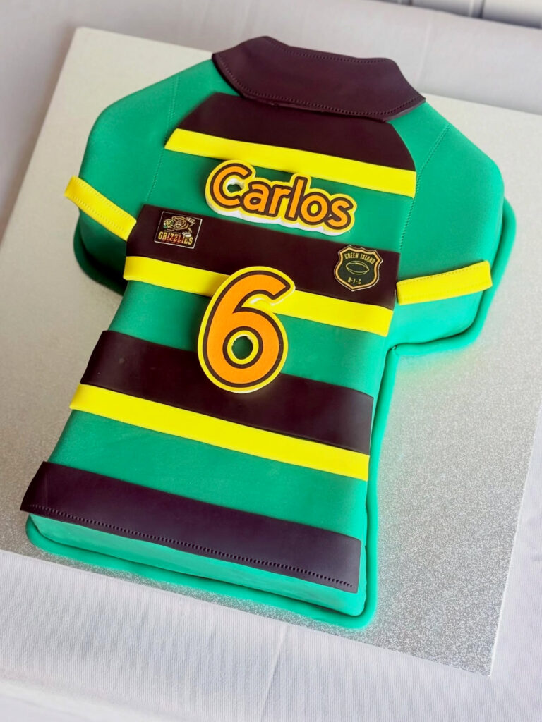 Rugby Jersey Sixth Birthday Cake Green Maroon