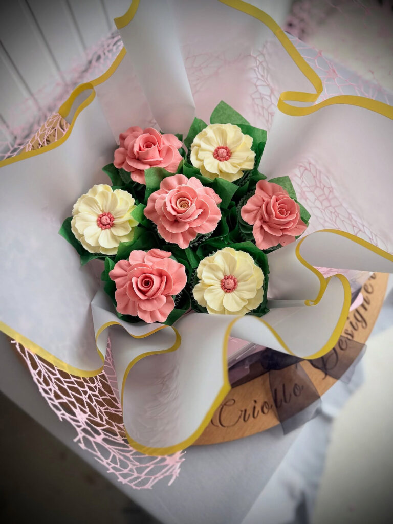 Small Pink and Cream Flower Cupcake Bouquet by Criollo Designer Cakes in Dunedin, Otago