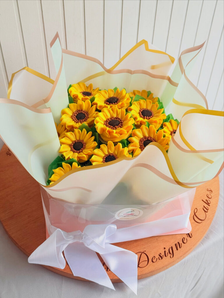 Sunflower Cupcake Bouquet Side View by Criollo Designer Cakes in Dunedin, Otago