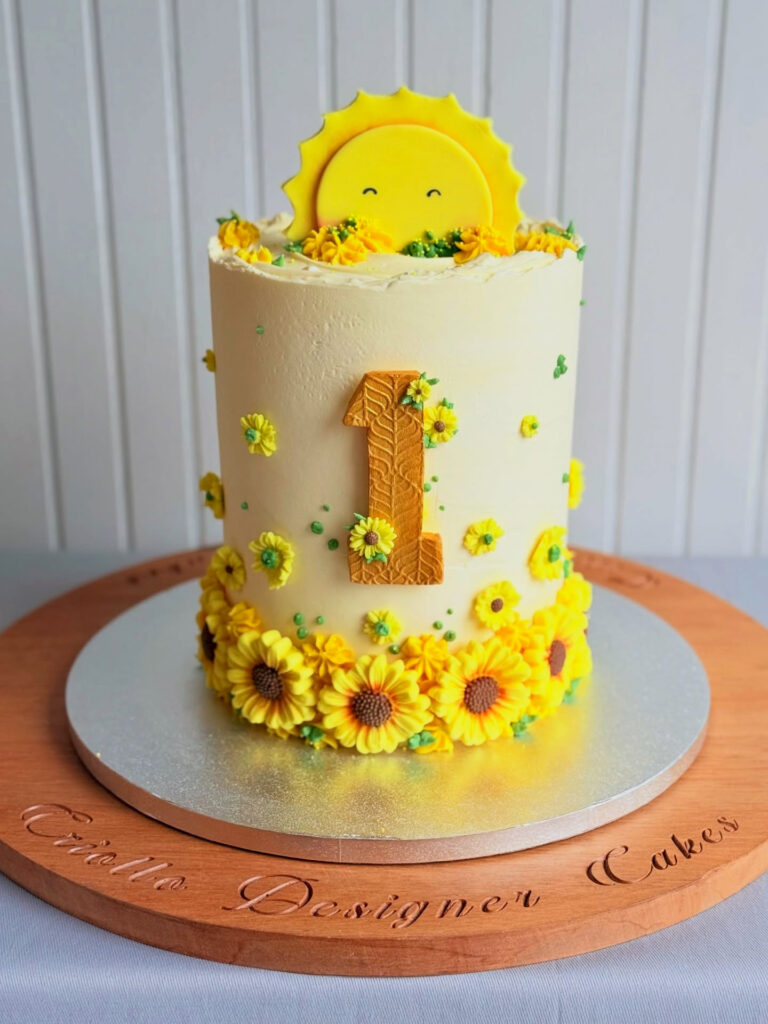 Sunshine First Birthday Cake Yellow Floral Front View