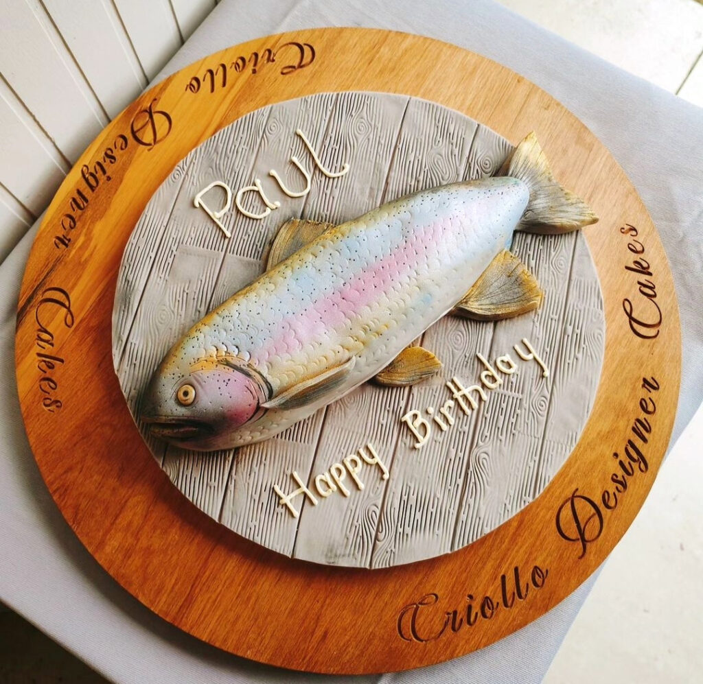 Trout Fish Shaped Birthday Cake Silver Pink