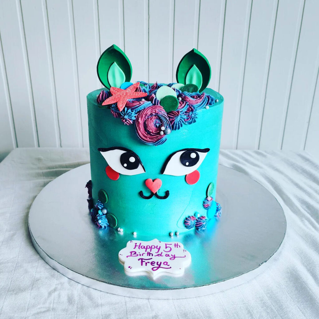 Turquoise Cat Fifth Birthday Cake Floral Ears