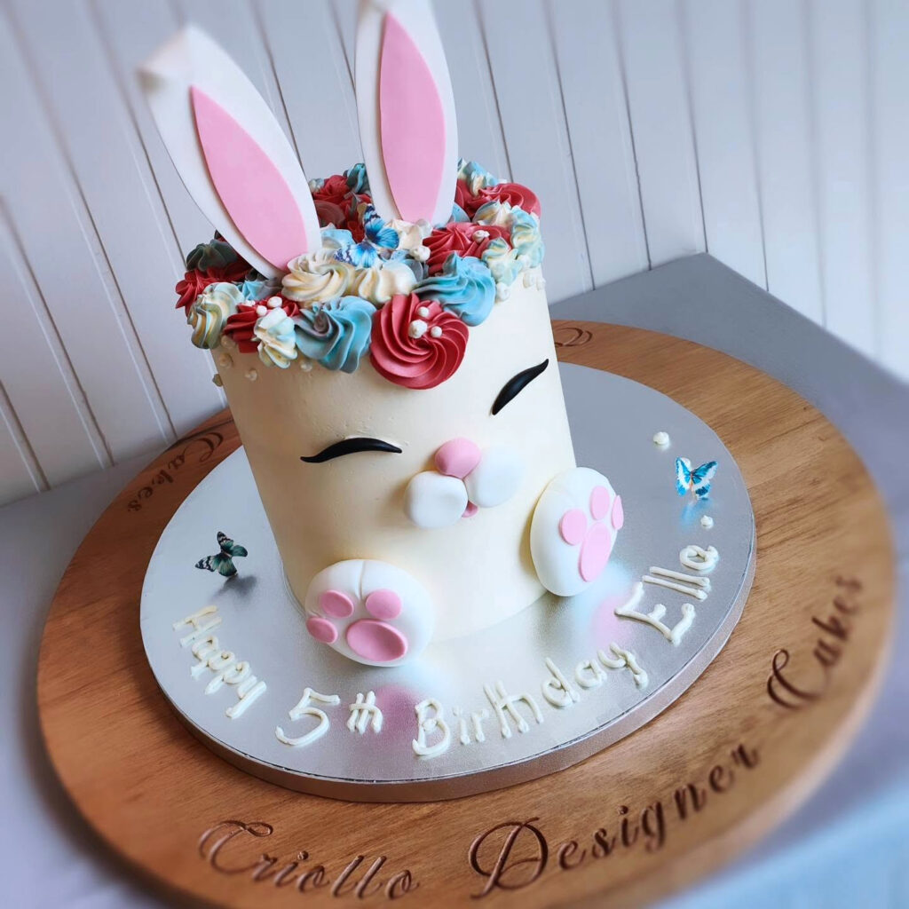 White Bunny Fifth Birthday Cake Floral Ears