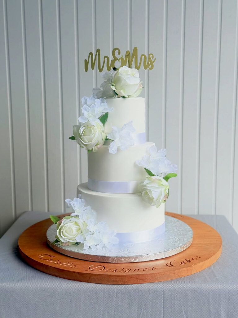 White Floral Two-Tier Wedding Cake by Criollo Designer Cakes in Dunedin, Otago