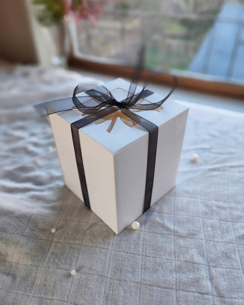 White and Grey Ribbon Dessert Gift Box by Criollo Designer Cakes in Dunedin, Otago