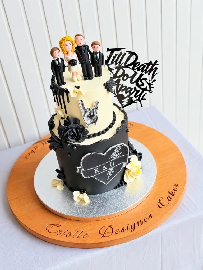 Rock-n-Roll Themed Black & White Two Tiered Wedding Cake